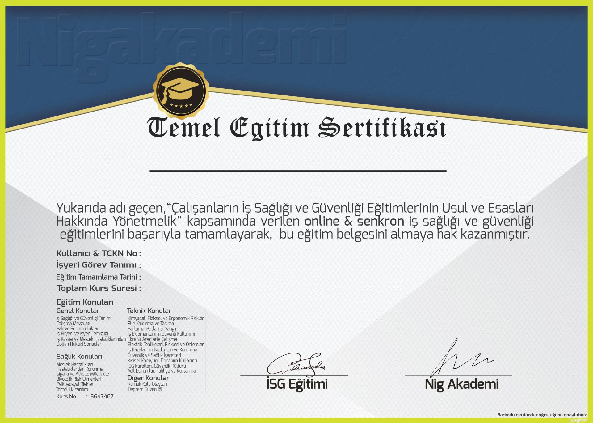 Çalışan Temel İSG Eğitimi Sertifikası
