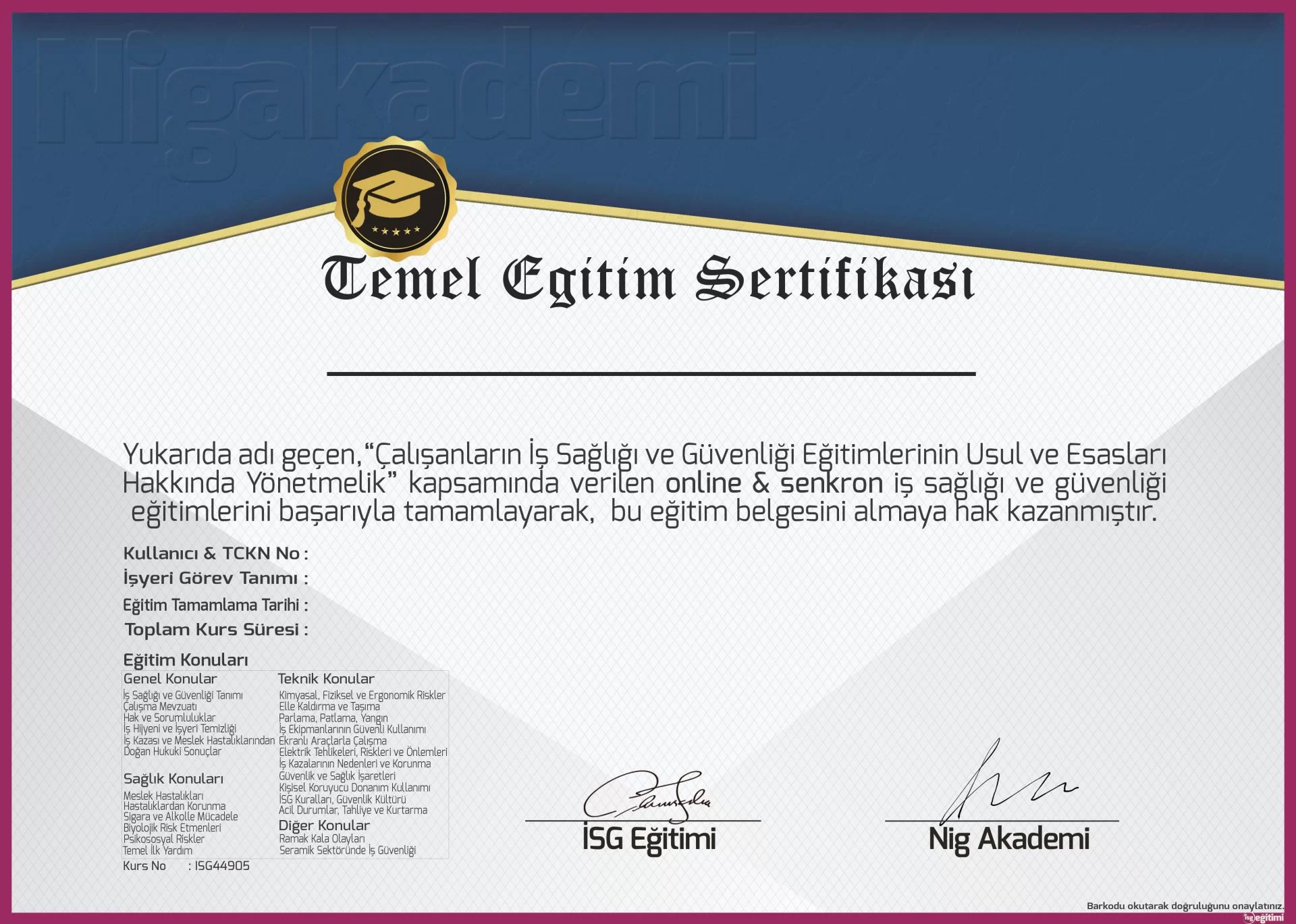 Seramik Sektörü Temel İş Güvenliği Eğitimi Sertifikası