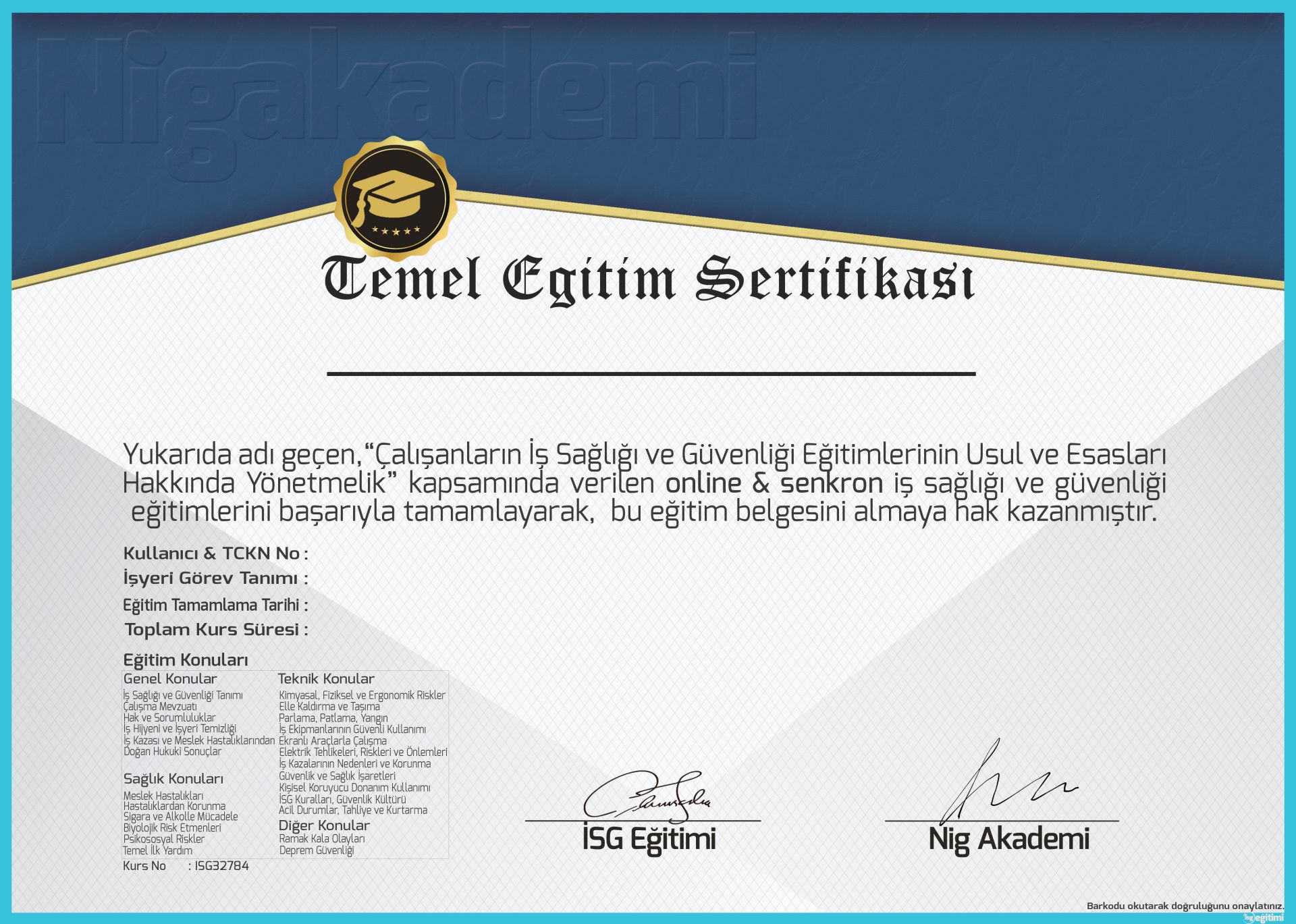 Çalışan Temel İSG Tehlikeli Sınıf Eğitim Sertifikası