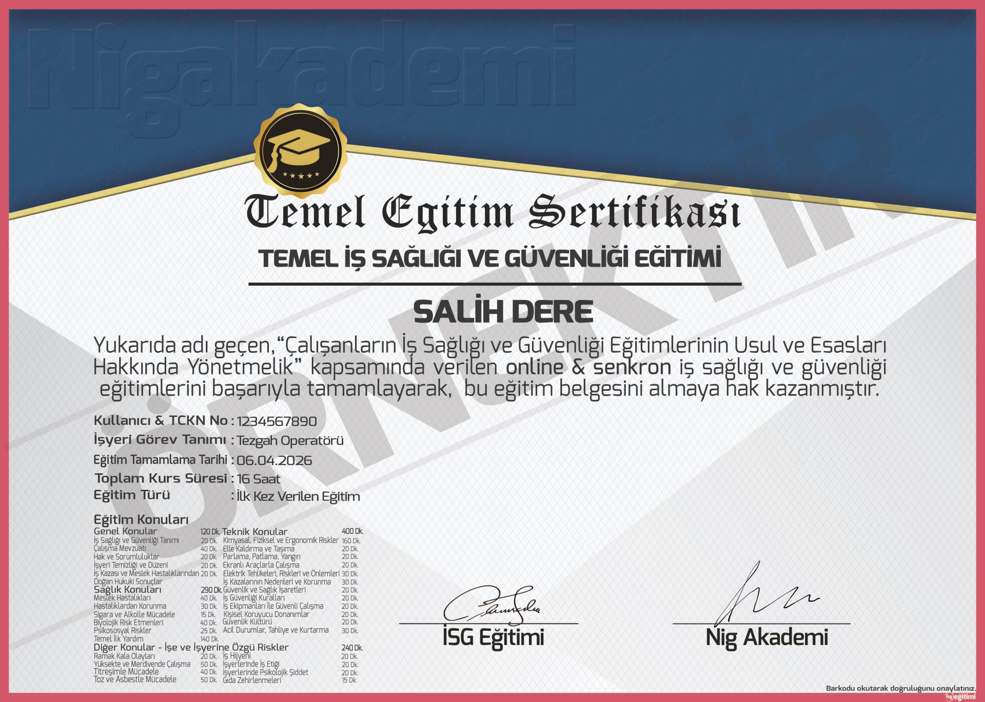 Temel İSG Eğitimi | Çok Tehlikeli Sınıf Sertifikası